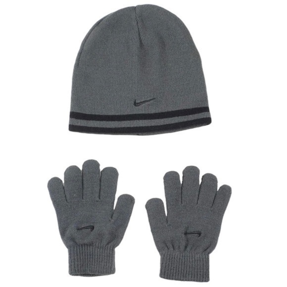 Nike Boys Reversible Winter Hat and Glove Set Gray and Black - NWT- Size Youth - Picture 2 of 9